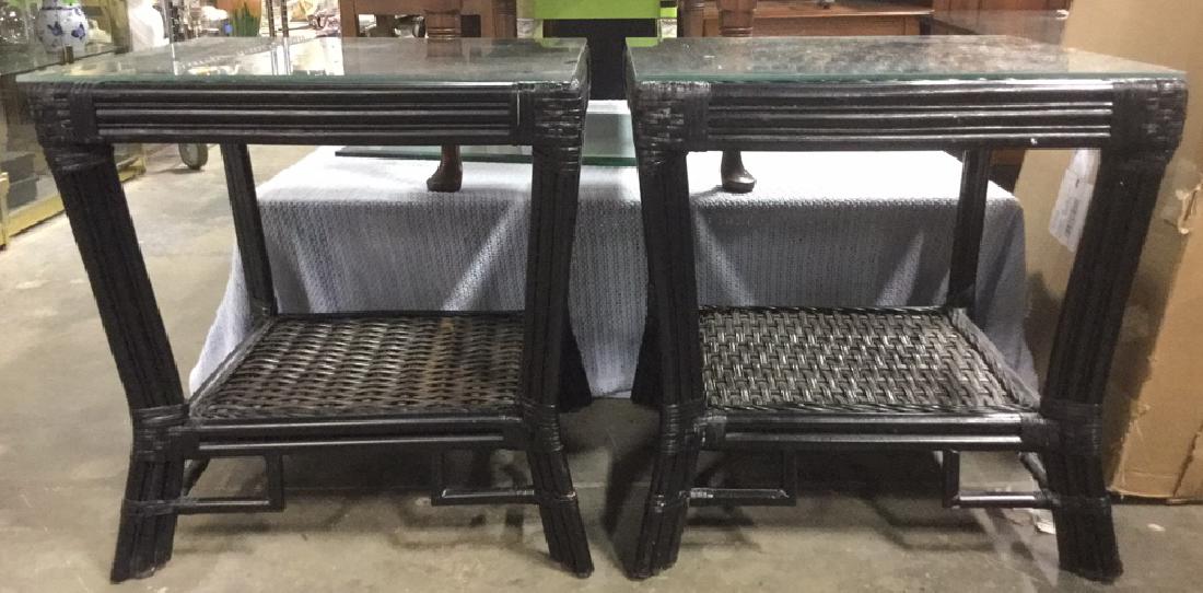 Pair Wicker & Bamboo Style Glass Top Side Tables (1 of 6)