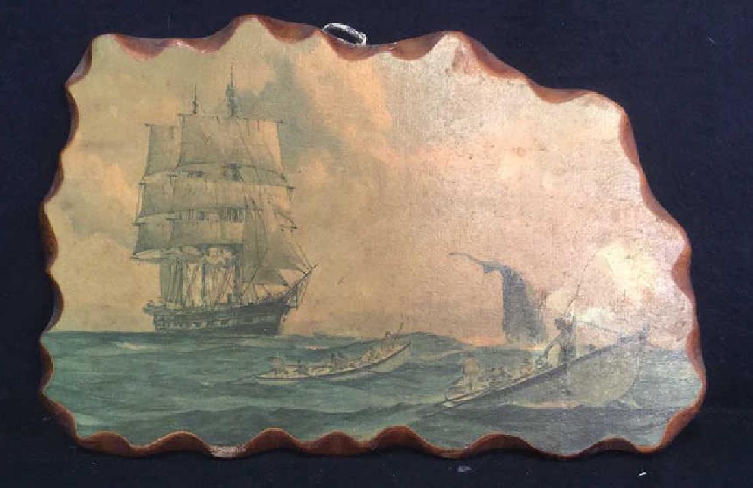 Nautical Painting On Wood: Nautical Painting On Wood. Maritime Painting, Depicts a ship and 2 row boats. Has loop for hanging. Measures approx 13 inches long 9 inches tall. Vintage Possibly Antique