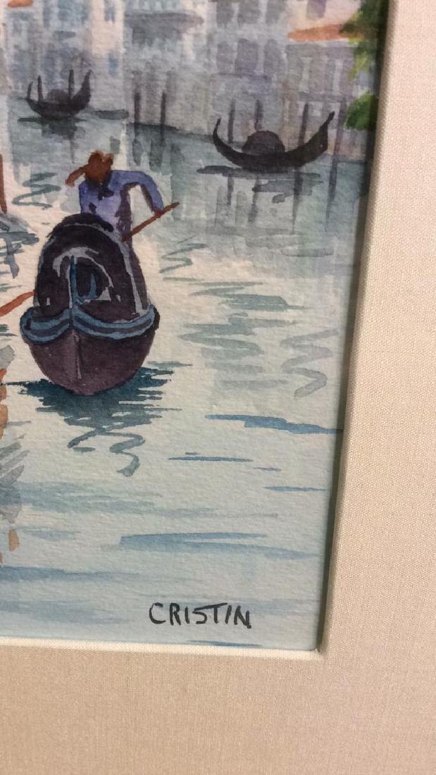 Watercolor Painting By Cristin Of Venice Italy: Watercolor Painting By Cristin Of Venice Italy gondola scene. Professionally matted and framed in a cream colored mat and a painted gold toned wooden frame. Artwork is signed by artist Cristin in lowe