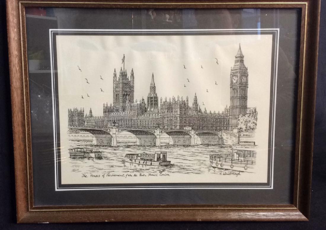 The Houses Of Parliament Art Print: The Houses Of Parliament, from the River Thames, London Art reproduction print of a line drawing by N. Wansborough. Intricately detailed line drawing of The Westminster Bridge, the River Thames, and T