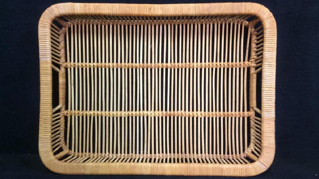 Handled Tan Toned Wicker Serveware Tray: Tan Toned Wicker Tray. Contains handles. Fruit Tray, Food Tray, dish tray. Measures approx 19.5 inches long 14.5 inches wide.