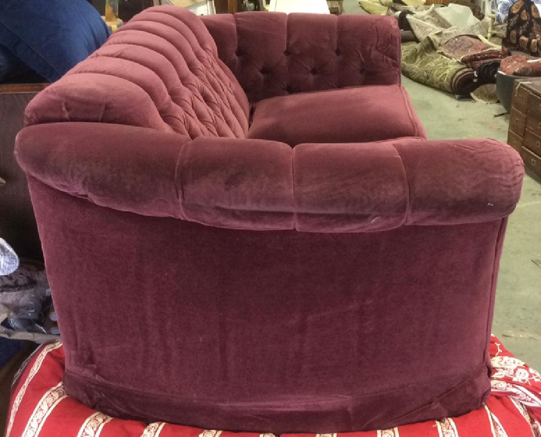 Maroon Toned Velvet Tufted Back Loveseat: Maroon Toned Tufted Backrest Loveseat. Contains 2 loose cushions and fabric covering. Fabric needs cleaning, and has some bunching around armrests. Measures approx 62 inches long 37 inches deep 26 inc