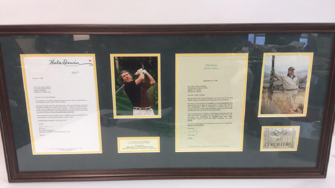 Hale Irwin And Tom Fazio Pictures And Signatures: Hale Irwin And Tom Fazio Pictures And Signatures. Framed and matted display of letters written to new members of The Club at Cordillera and photographs of Hale Irwin and Tom Fazio. A signed letter fro