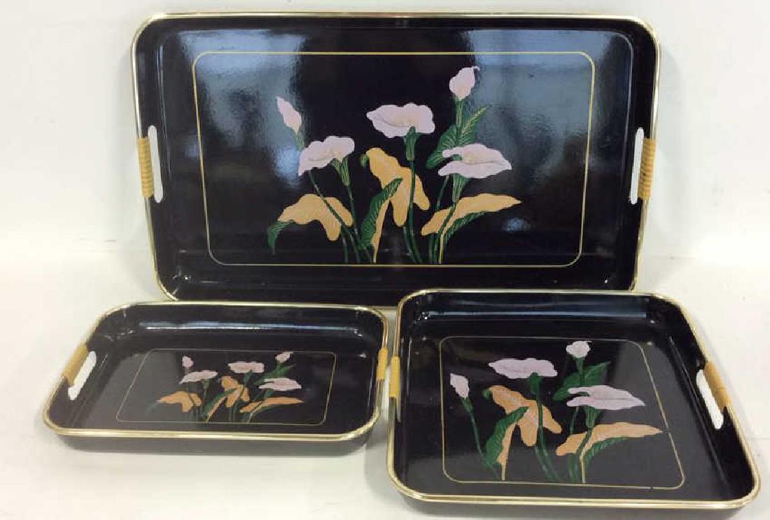 Set 3 Black Painted Lacquer Serving Trays (1 of 6)