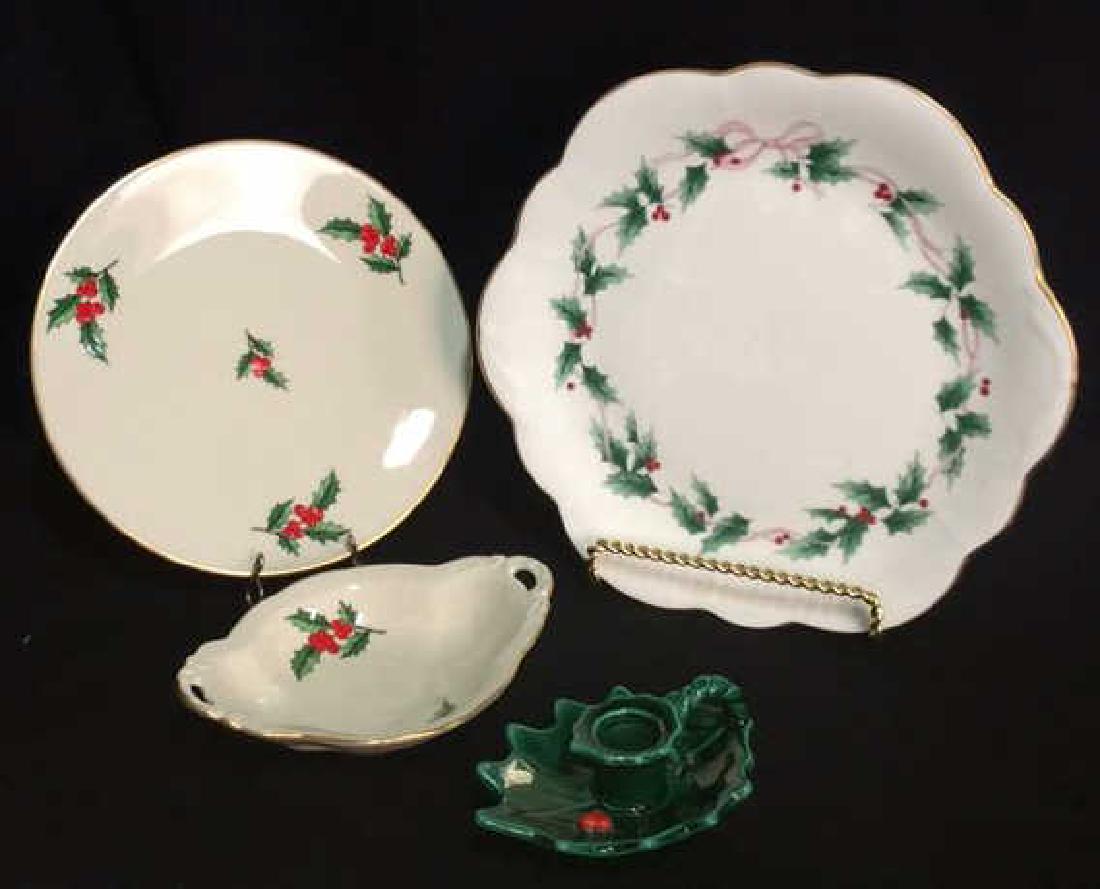 Lot 4 Holly Fine China Table Top Accessories: Lot 4 Porcelain Table Top Accessories. Pair of matching PICKARD Hand Decorated Fine China pieces, one small plate and one small candy dish, both decorated with holly branches and berry design. One dim