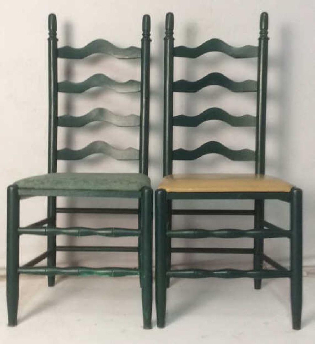 Lot 2 Carved Green Toned Wooden Side Chairs: Chairs frames are green toned. One has beige toned cushion, the other has mint toned cushion. Both Contain some paint stains, wear, and minor cracks. Side chairs, Wooden chairs, wooden side chairs. Ea