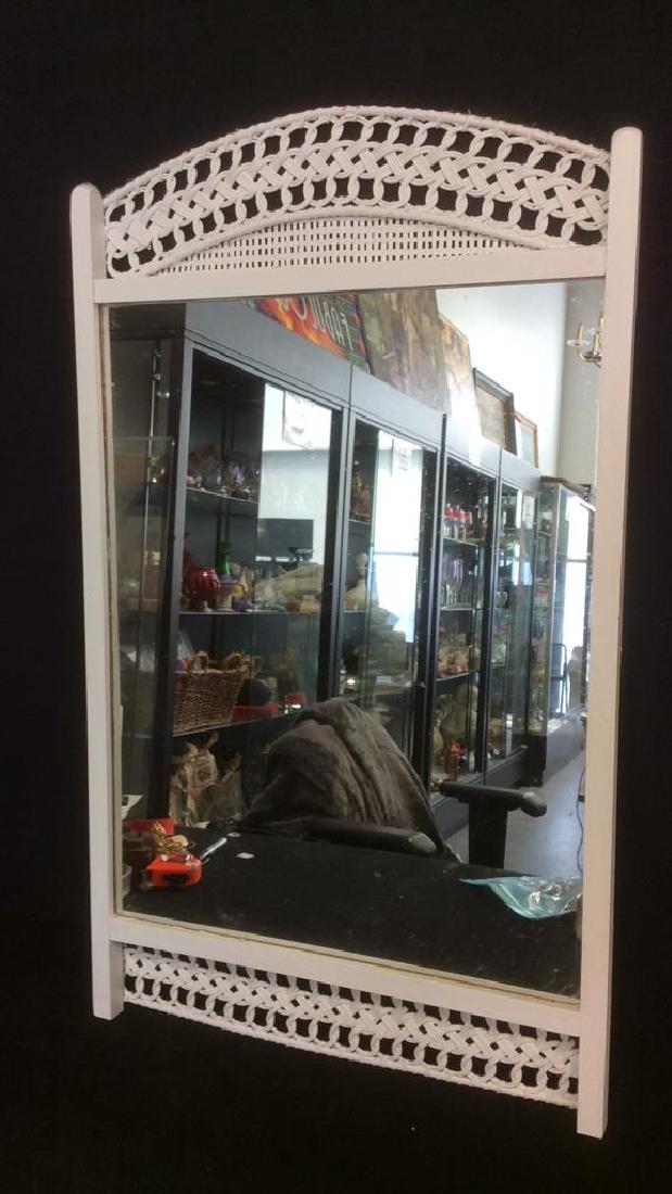 White Toned Wooden Mirror W Wicker Detail (1 of 5)