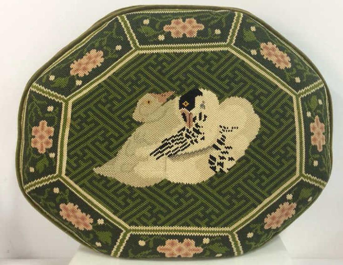 Vintage Knit Illustrative Pillow: Vintage Knit Illustrative Pillow. Rounded oval pillow with green toned velvet textured fabric body and green toned knit front panel with illustrative goose center design, also features floral border d