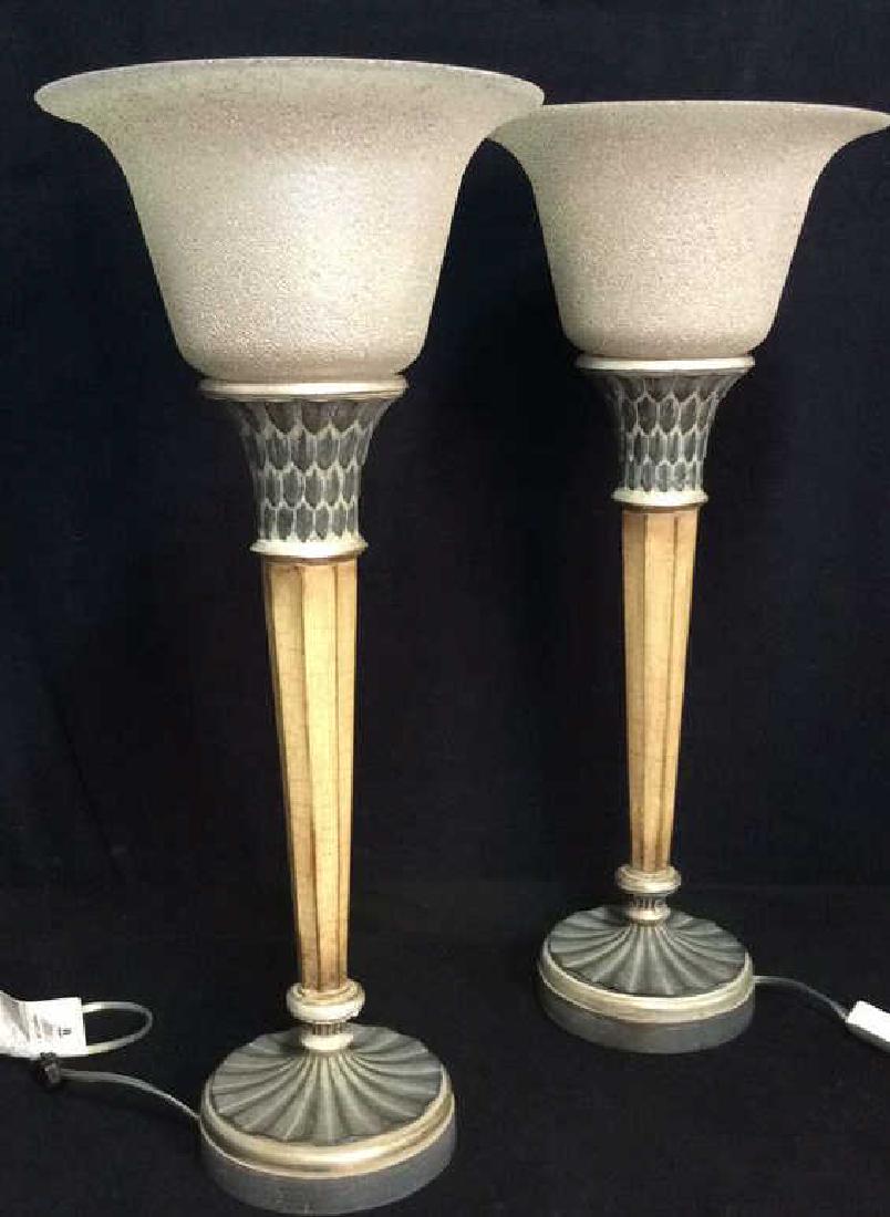 Pair Art Deco Style Wooden Lamp W Glass Shade (1 of 8)