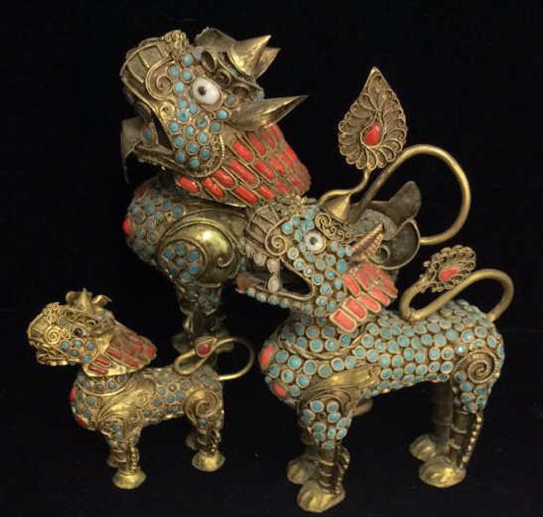 Lot 3 Brass Toned Oriental Temple Dog Censers (1 of 9)