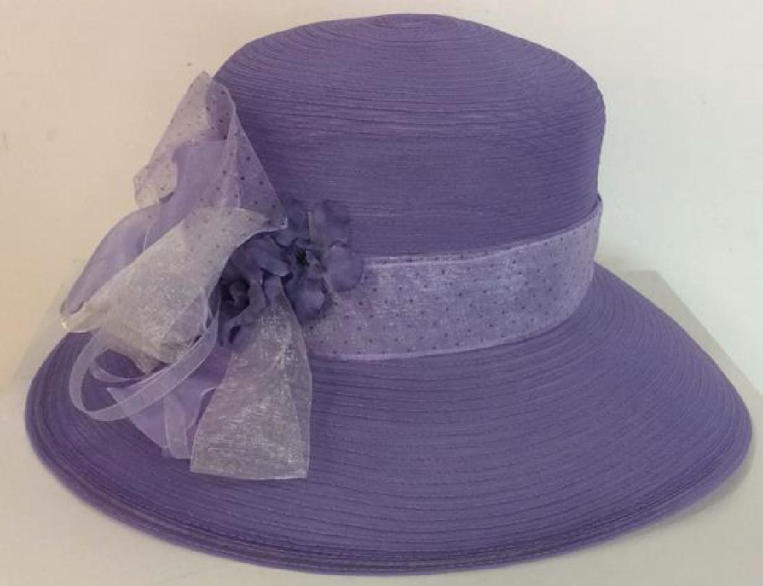 Violet Linen Wide Brimmed Ladies Fashion Hat: milliner label on box reads Hats by Rivka, blooming dale road, Scarsdale New York, measures diameter app 12 inches, purple and silver ribbon, great Easter Hat, Church Hat, Schul Hat, any occasion hat,