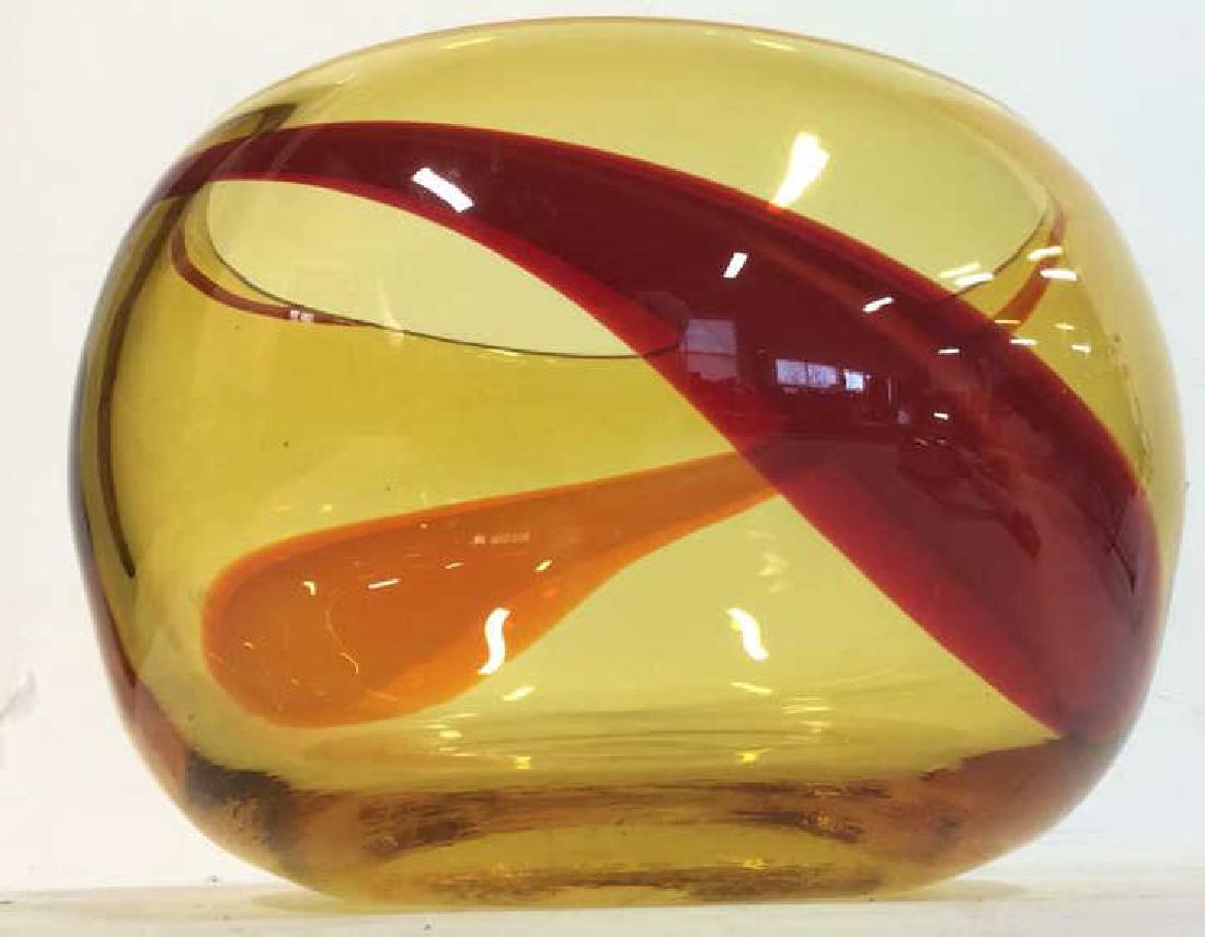Mid Century MURANO Glass Bowl C. 1960’s 70’s: Murano Art Glass Bowl, Decorative table top, Italian art glass, vitnage art glass, centerpiece bowl, Has wide and polished pontile on underside. Hand blown glass bowl. Contains Orange and red tones. C