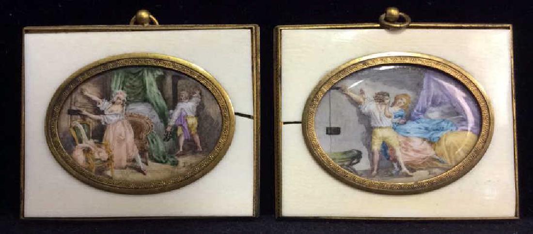 Antique Set Carved Bone Framed Porcelain artwork: Pair of Hanging Hand painted Porcelain Framed artworks, Frame is gold toned metal and carved bone. One appears to depict a male & female figure dancing while the other depicts 2 figures on opposite si