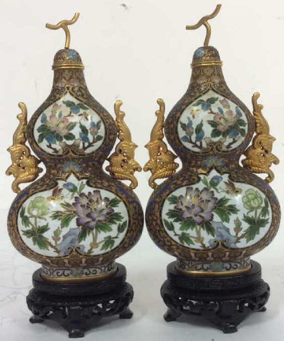 Pair Asian painted Lidded Vases W Stands (1 of 10)