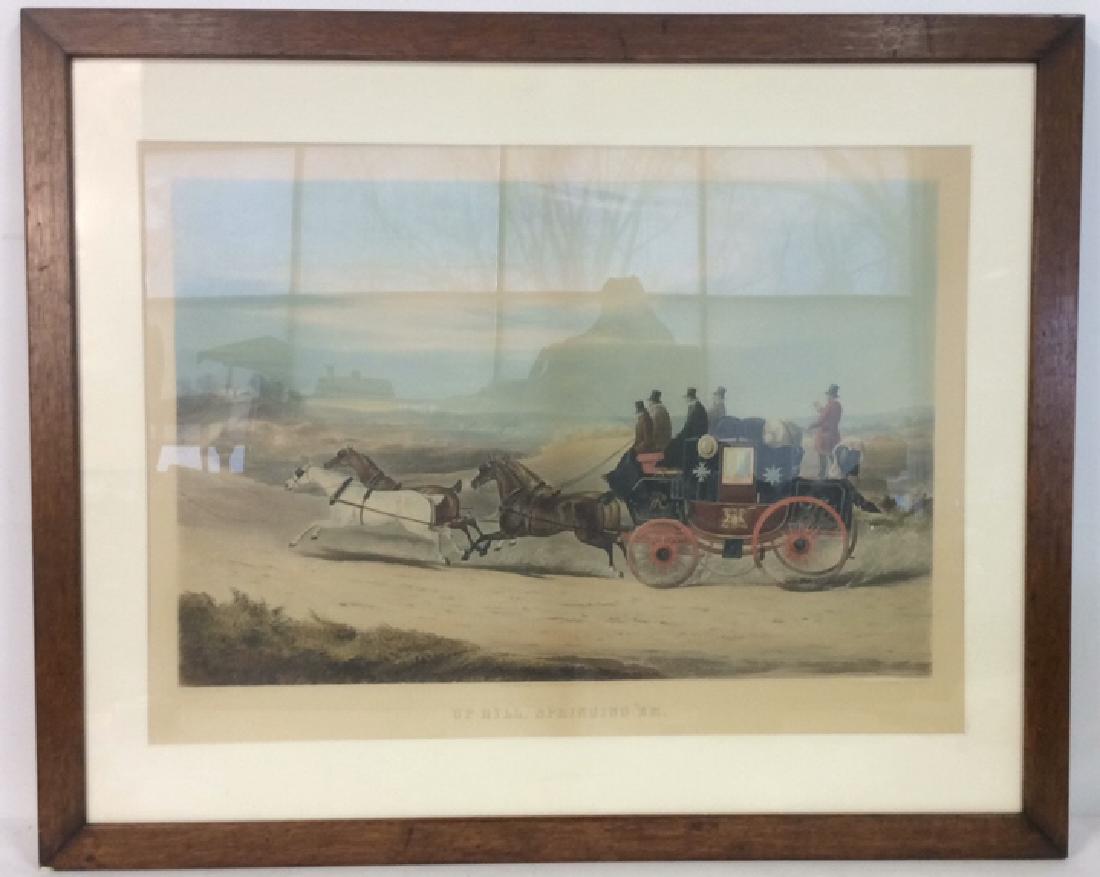 J.W SHAYER UPHILL, SPRINGING EM Print: Reads “Painted By J.W Shayer UPHILL, SPRINGING EM Engraved by H. Papprill. Depicts horses pulling a wagon. Professionally framed with light brown toned wooden frame. Print is matted. Measures approx