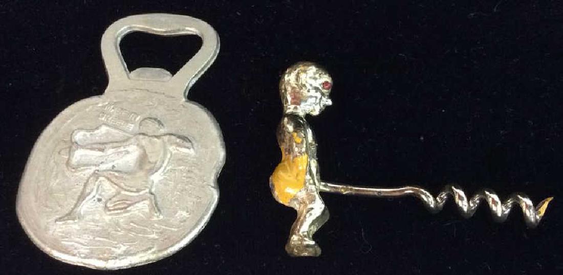 Vintage Metal Bar Accessories: Vintage Metal Bar Accessories. Set includes silver toned metallic painted metal Greek coin style bottle opener, with cameo portrait of a bearded man on once side and a kneeling nude archer on the othe