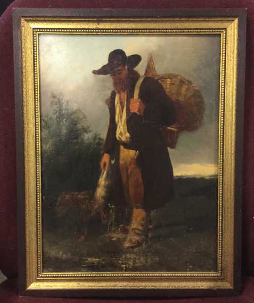 Antique Framed Oil Painting Man W Dog 1875