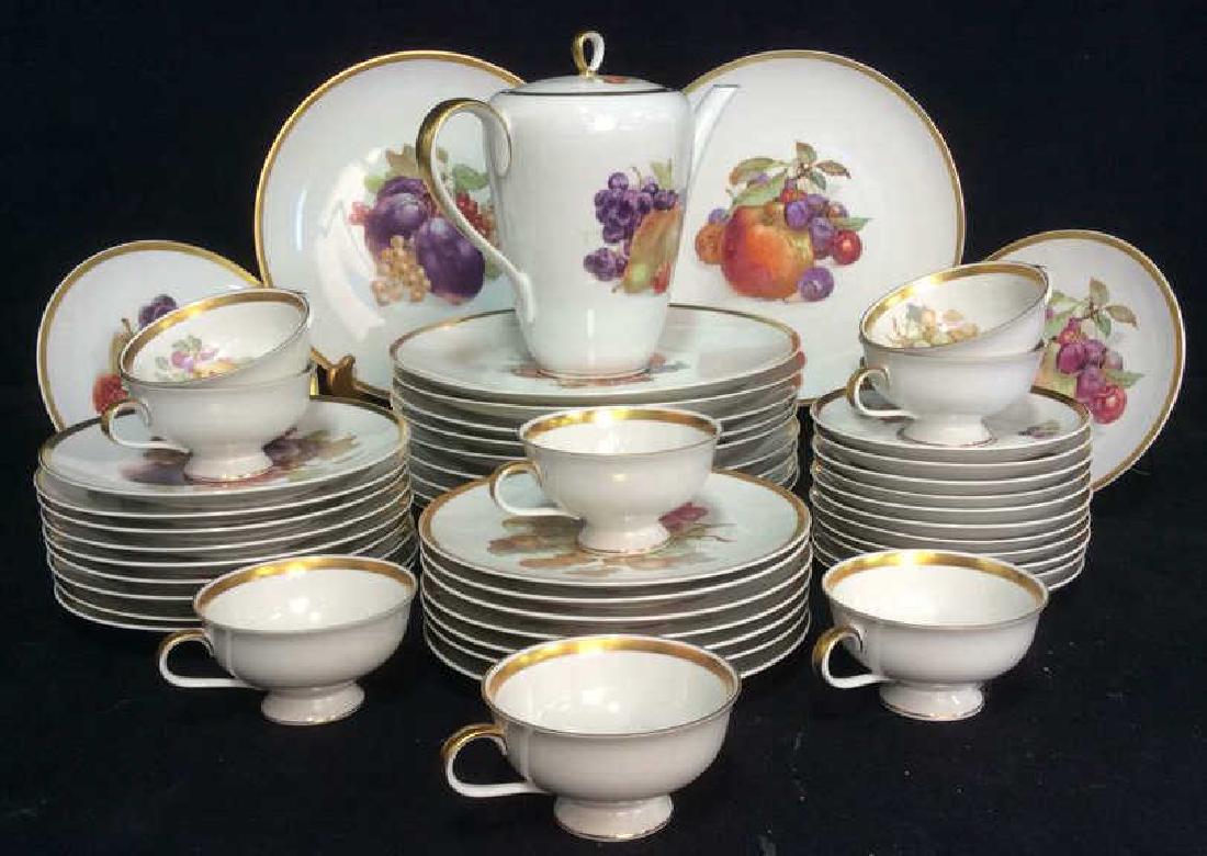 BAVARIA GERMAN China Dish Set: Marking on underside reads BAVARIA GERMANY GOLDEN JAEGER & CO GOLDEN CROWN E&R 1886 ORCHARD. Includes 11 teacups, 11 dinner plates, 18 salad plates, 1 lidded teapot & 11 teacup saucers. Each contain g
