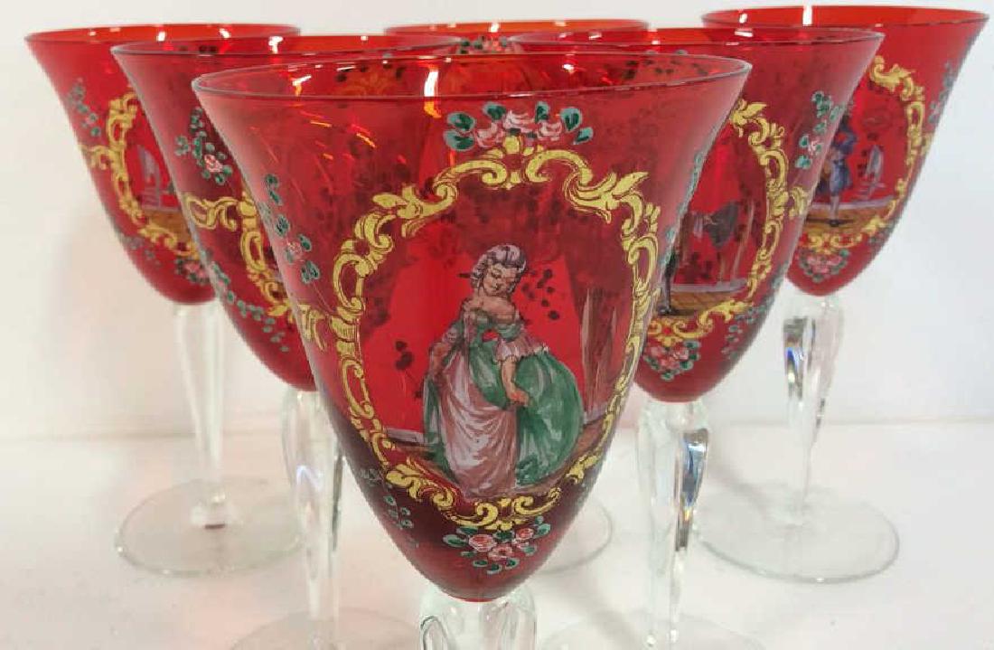 Set 6 Red Toned Murano & Painted Crystal Stemware: Set 6 Red Toned Murano Crystal Drinking Glasses., Stemware, Table top, wine glasses,water glasses, barware possibly Murano drinkware. Red toned tops with clear stems with hand painted filigree and Vic