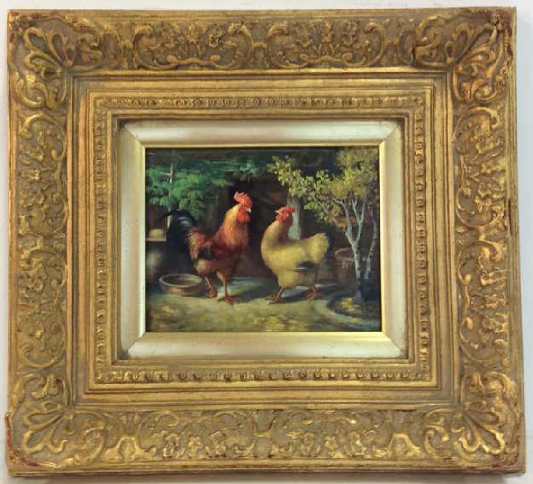 A. Bennett Framed Rooster and Chicken Painting (1 of 9)