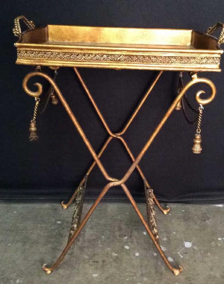 Gold Toned Ornate Metal Serving Tray Table (1 of 10)