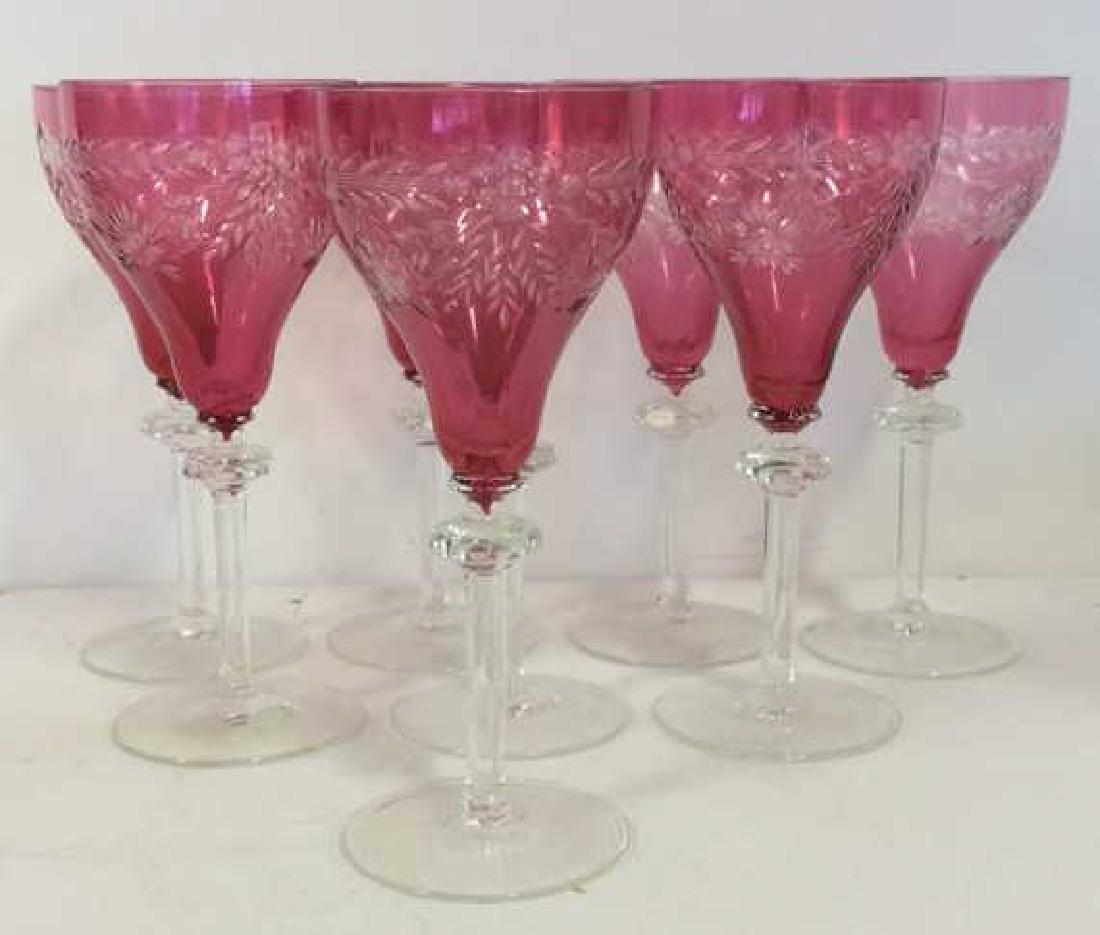 Vintage Set Cranberry Glass Etched Stemware: vintage possibly antique set of 8 cranberry glass crystal wine goblets, wine glasses, stemware. barware, table top decor, each has crystal shaped stem with floating disc, tulip shaped tops with etch f