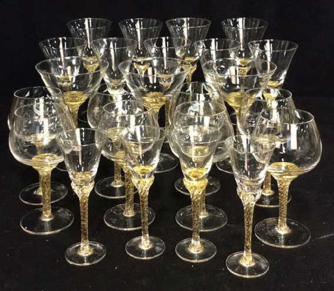 Set 24 Vintage MURANO Crystal Stemware: Set 24 Vintage MURANO Crystal Stemware. Vintage Italian stemware, colorless crystal stemware with gold toned metallic decorated stems. Set includes cordials, wine glasses, martini glasses and more. La