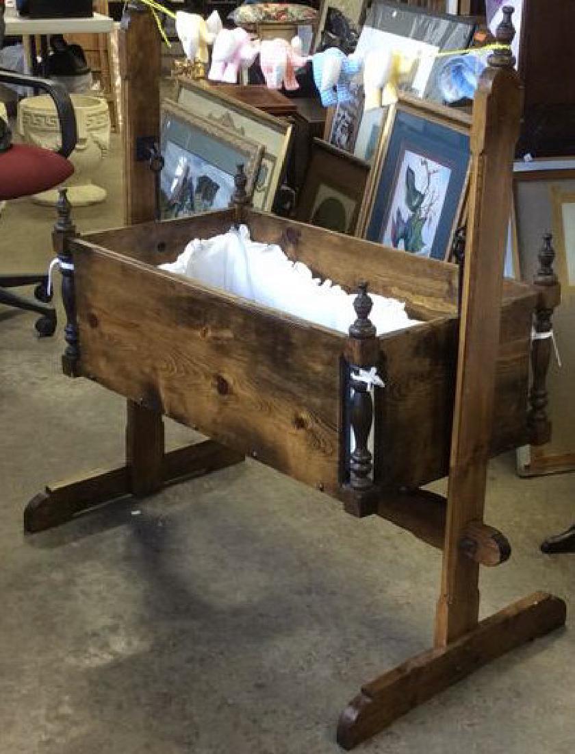 Antique Wood Iron Rocking Cradle w Stand & Linens (1 of 12)