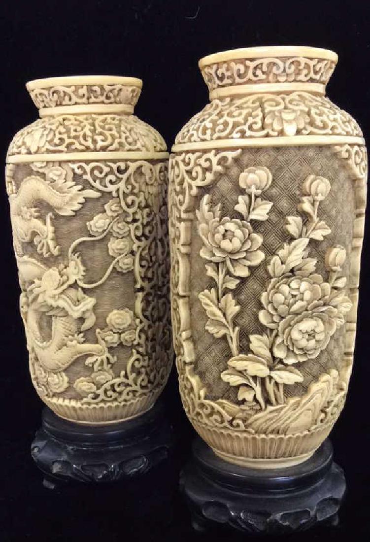 Pair Faux Ivory Carved Vases w Stands (1 of 10)