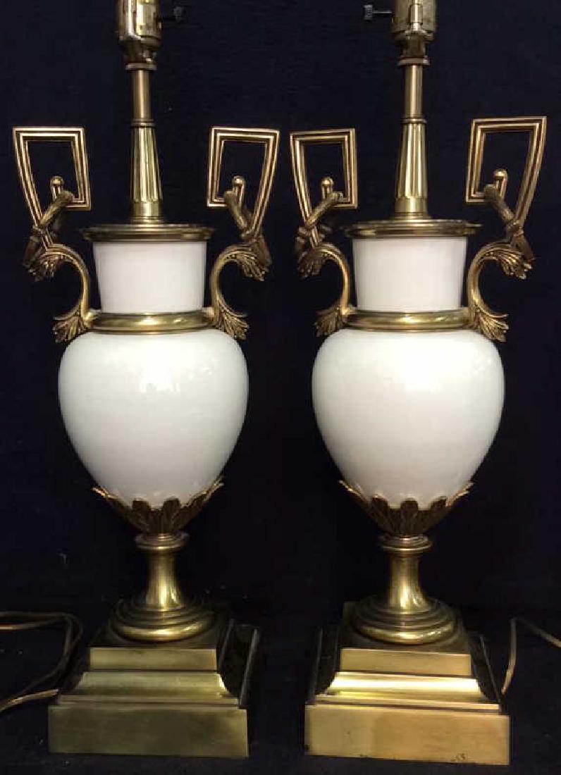 Pair Porcelain W Filigree Brass Toned Metal Lamps (1 of 8)