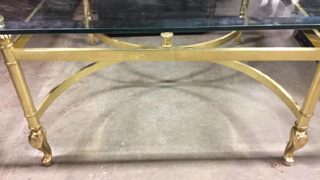 Brass Frame Glass Top Coffee Table: Coffee table, cocktail table, drinks table, scrolled brass base with glass top, measures app 16 inches ht , beveled top 48/Inches by 30 inches