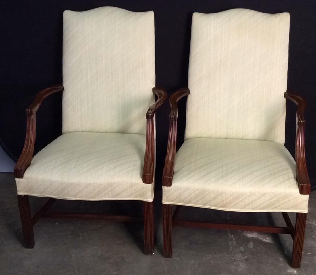 Pair Mint Green Queen Ann Style Arm Chairs: Contains carved wooden. Chairs are cushioned. Each measures 43 inches tall 30 inches wide 27 inches deep. Cushion fabric is light mint green toned. Contains some discoloration. Arm chairs, Green arm c