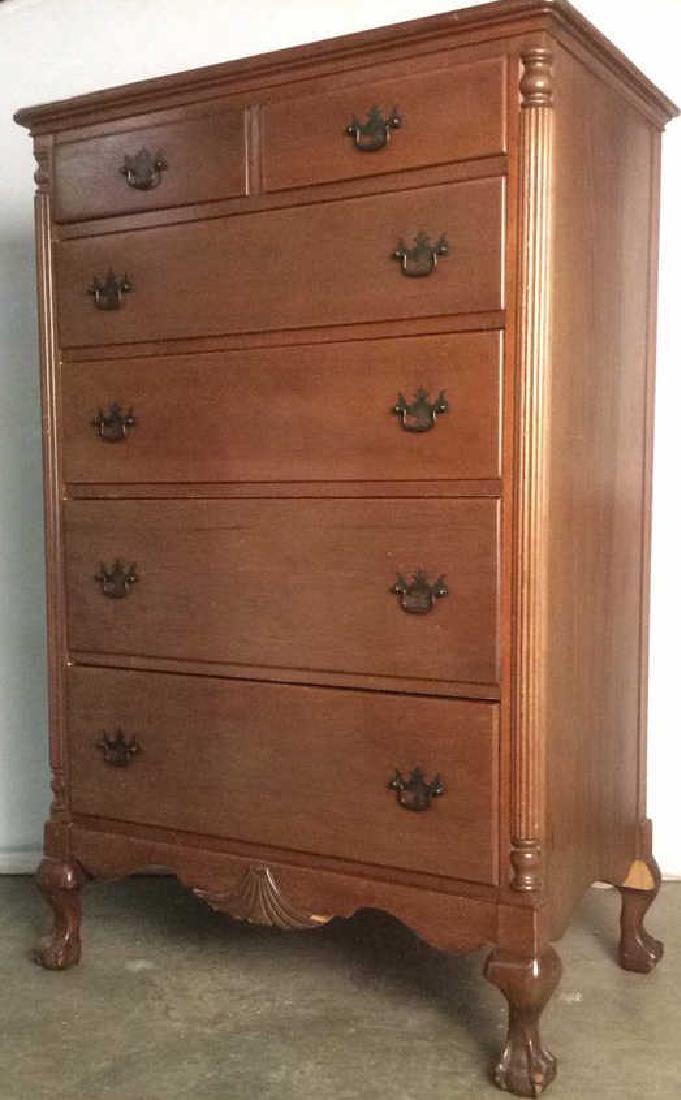 High Boy Chest OF Drawers With Feet: High Boy, Chest of Drawers, Tall boy Dresser, HIghboy Chest,Dresser, VIntage possibly antique, Dresser is wooden. Contains carved wooden detail. Contains 4 ball & claw wooden feet. Contains some chips