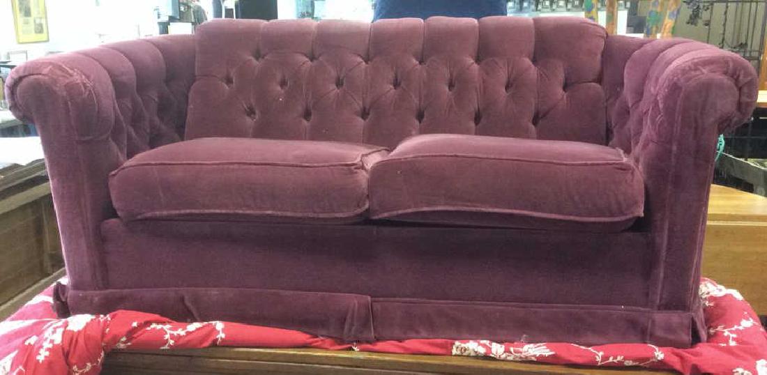 Maroon Toned Velvet Tufted Back Loveseat: Maroon Toned Tufted Backrest Loveseat. Contains 2 loose cushions and fabric covering. Fabric needs cleaning, and has some bunching around armrests. Measures approx 62 inches long 37 inches deep 26 inc