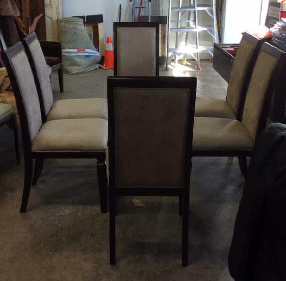 Lot 6 CNRVEN ENTERPRISES LTD Side Chairs: Includes 6 wooden cushion Side chairs, dining chairs marked CNRVEN ENTERPRISES LTD on underside. Chair frames are brown toned, cushions are sand toned. Each measures approx 40 inches tall 20 inches wi