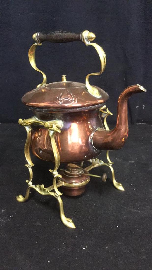 Antique Art Nouveau Copper  Brass Wood Teapot W Stand (1 of 8)