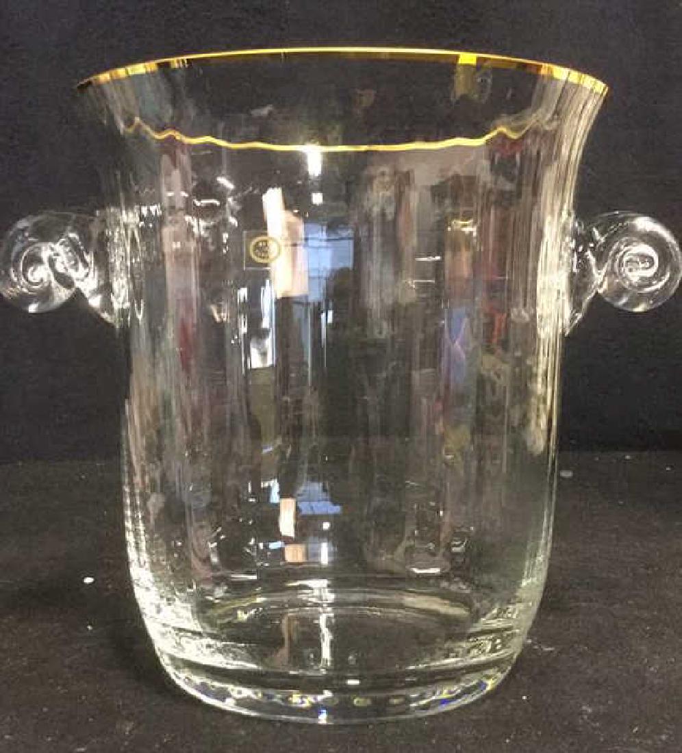 Scroll Handled Gold Rimmed Wine Bucket: ice bucket, wine bucket, champagne bucket, scrolled handles gold rim and fluted sides, label reads made in Hungary, table top crystal decorative accessory barware, measures ht app 8.5 inches diameter 