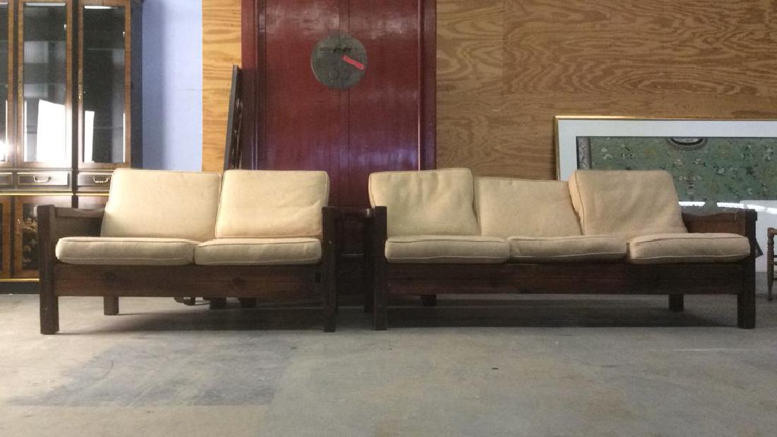 Lot 2 Wood Upholstered Love Seat and Sofa Set (1 of 10)
