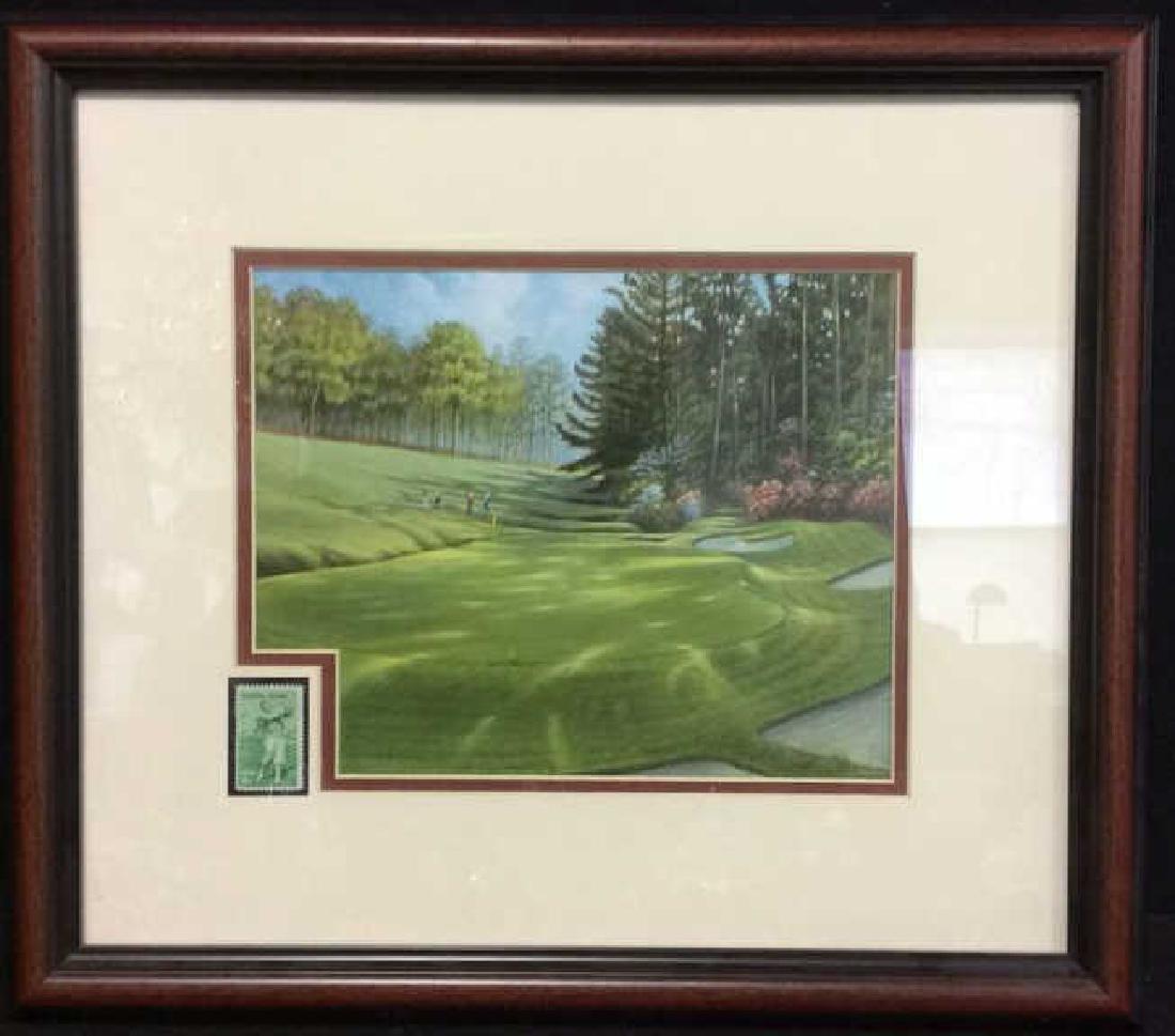 Framed & Matted 18th Hole Augusta w Bobby Jones Stamp: Print depicts Augusta Golf Course, 18th Hole with a stamp in the corner for Bobby Jones,course.Frame is brown & black toned. Frame is wooden. Measures approx 15 inches tall 17 inches wide. Golf print,