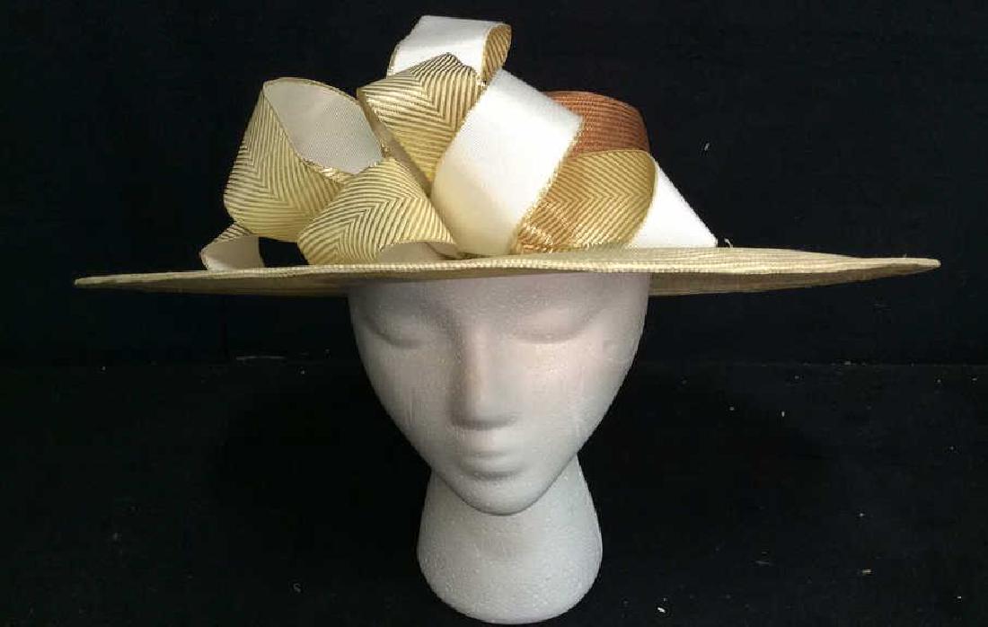 ADOLFO II New York Paris Hand Crafted LadiesHat: Tag on inside reads ADOLFO II NEW TORK PARIS. Sun Hat, Outdoor hat, women’s hat, women’s headwear. Church Hat, Synagogue Hat, Contains tones of cream, gold and copper. Measures approx 16 inches wi