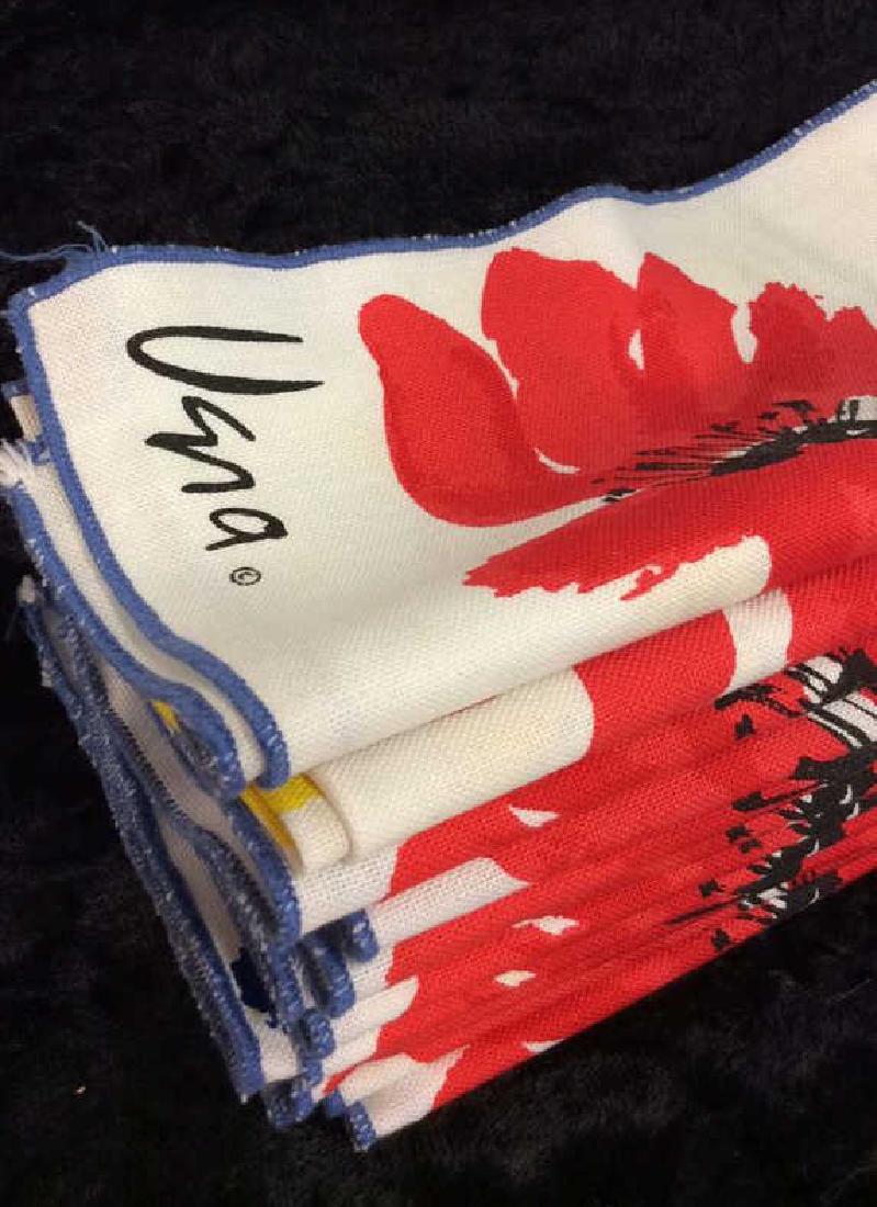 Lot 12 Vintage Vera Neumann Pop Art Cloth Napkins: Lot 12 Vintage Vera Neumann Pop Art Cloth Napkins. Zenitel toned cloth napkins with blue thread trim and yellow, blue and red toned pop art floral print. Marked Vera in corners. Some minor discolorati