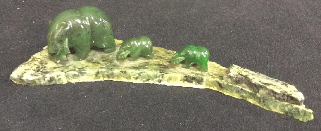 Carved Green Stone Bear Figurals On Stone Base. (1 of 5)