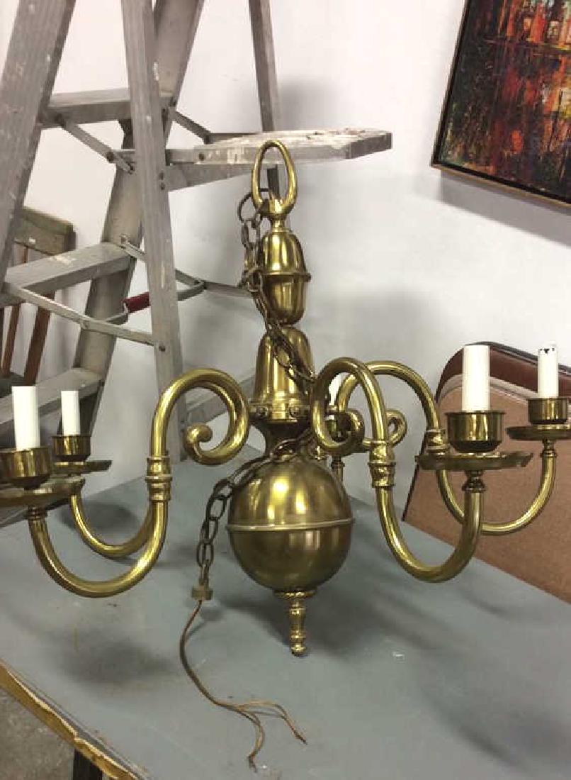 Brass 5 Arm Scrolled Chandelier: hanging light fixture,chandelier, williamsburg style brass chandelier, diameter app 27 inches, ht to ring app 23 inches