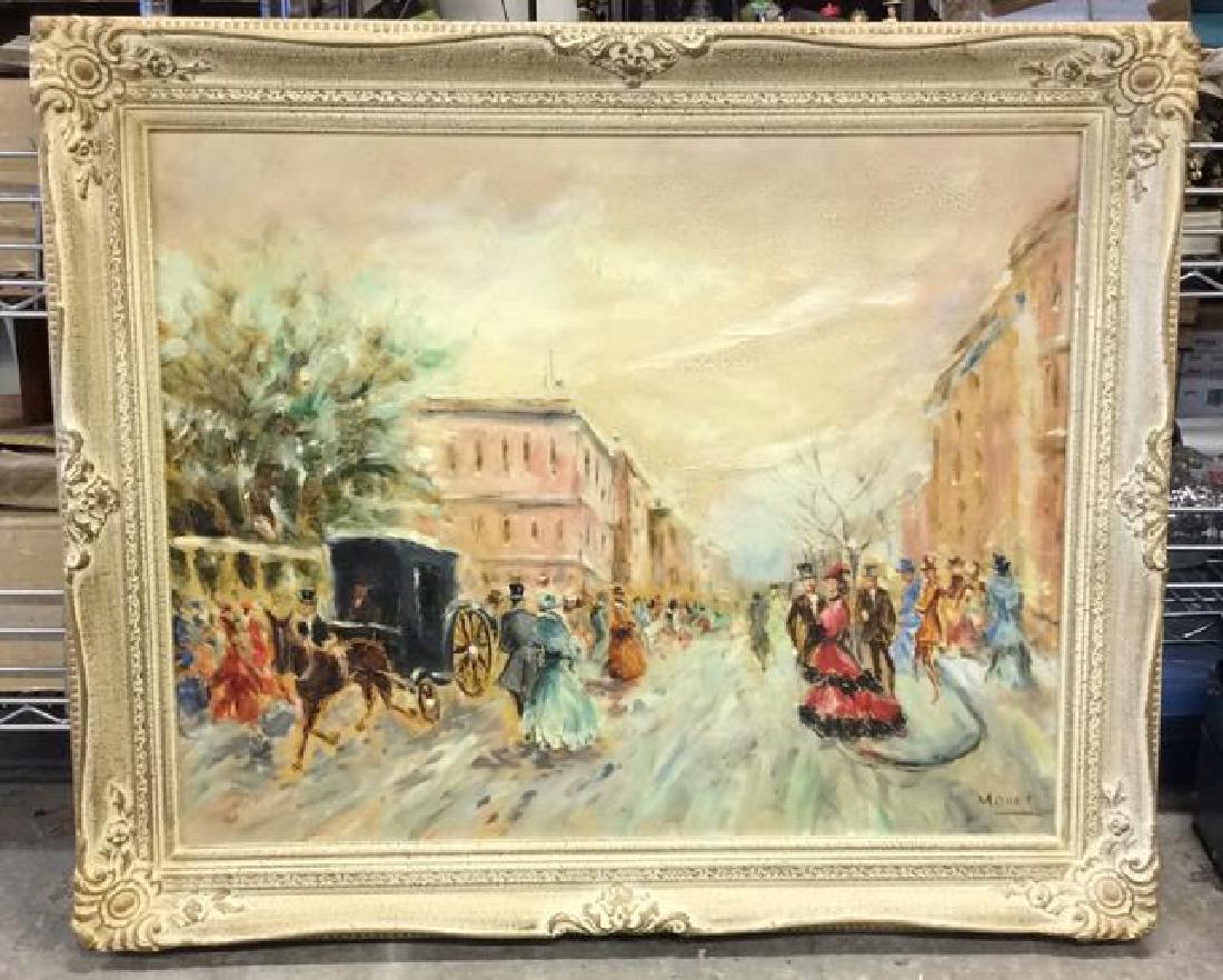 Impressionist French Style Painting on Canvas: Framed signed Monet, is probably a painted copy of a monet painting, ornately framed, paintings has texture and depicts Antique street scene with horse drawn carriages and attired figures strolling ci