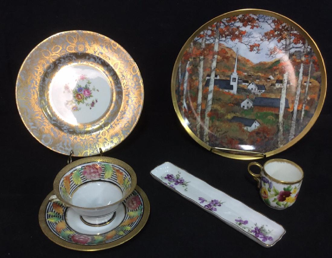Lot 6 Mixed Bone China Porcelain Dishes And Cups: Lot 6 Mixed Bone China Porcelain Dishes And Cups. Minton, Hammersley & Co, Chubu China Occupied Japan, and Danbury Mint. A beautiful salad plate with gold toned floral and leaf boarder and center plaq
