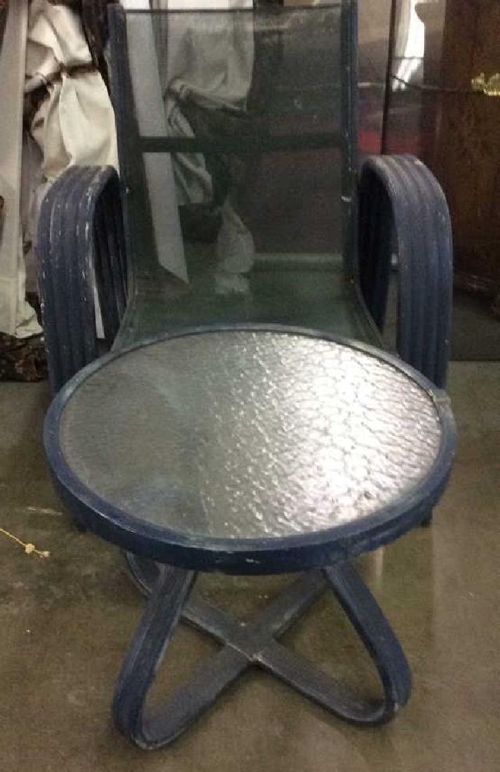 Vintage Outdoor Patio Chair & Round Table: Patio chair has blue tone. Table is round, has glass top. Contains evident wear. Chair measures approx 33 inches tall 27 inches deep 25 inches wide Outdoor furniture, patio furniture, deck furniture,