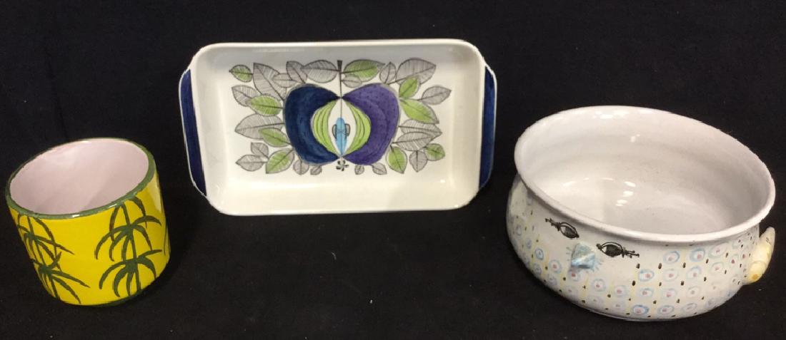 Lot 3 Vintage Danmark Rorstrand Italian Pottery: Lot 3 Vintage Danmark Rorstrand Italian Pottery Dishes. One decorative bowl by Danmark in the shape of a winged bird with light blue circular design. Beak, wings and tail protrude from the outside of