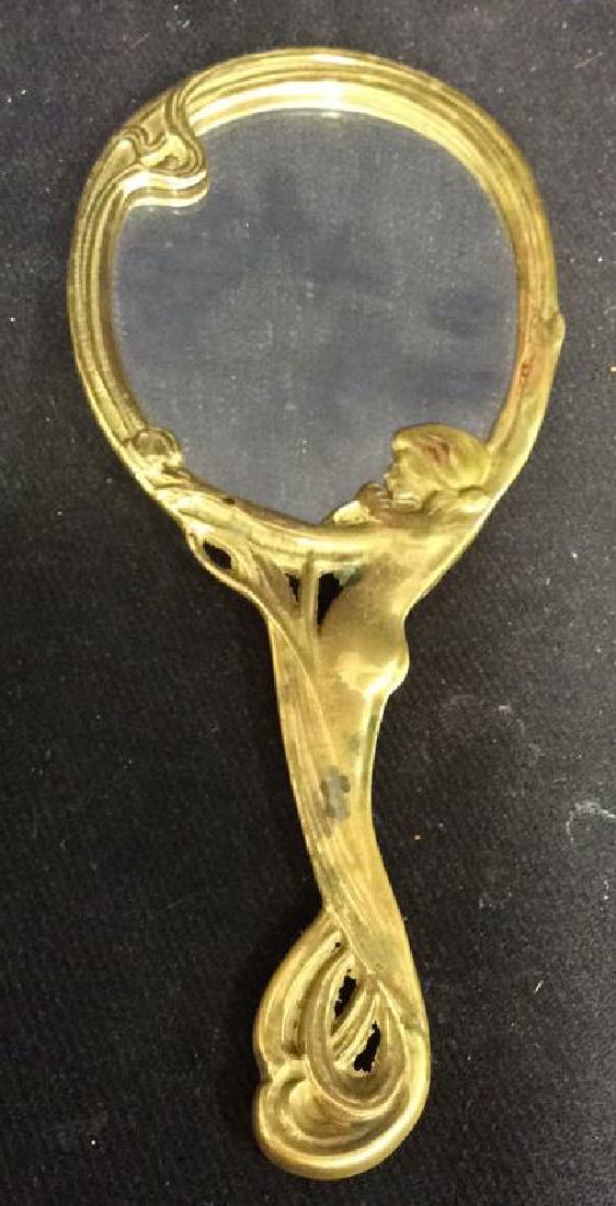 Art Nouveau Nude Female Form Hand Mirror: ladies vanity accessory handled mirror art nouveau sinuous line female form swirling lilly details, measures length 10 inches