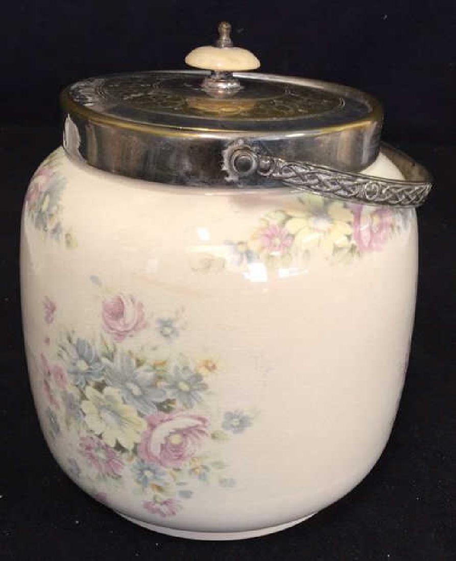 Antique British Lidded Biscuit Box Porcelain: Silver Pl Silver plate lid rim and handle, etched design details, possibly carved bone finial, floral porcelain jar, cookie jar, biscuit jar, biscuit box, upcycle vase, vessel, decorative table top, h