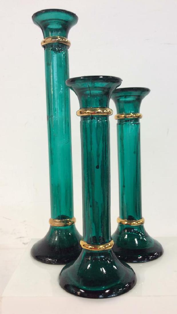 Set 3 Green Toned W Gold Candlesticks (1 of 8)